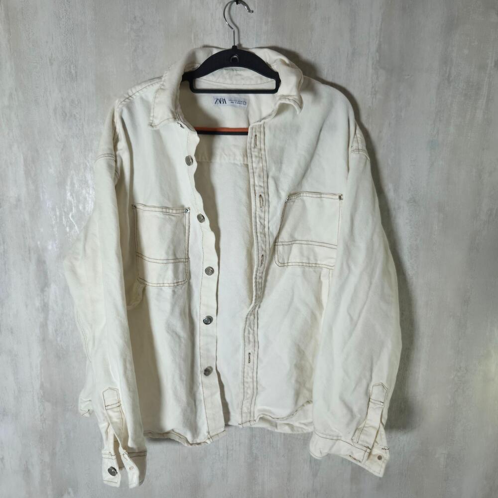 Zara Jacket Mens Medium White Denim Military Snap Front Shacket Pockets Casual